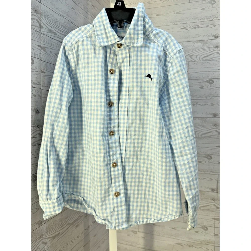 Tommy‎ Bahama Youth Boys Shirt Small 5-6 Blue Check Long Sleeve Button Up Soft